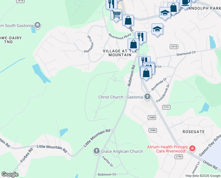 map of restaurants, bars, coffee shops, grocery stores, and more near 304 Eagles Walk in Gastonia