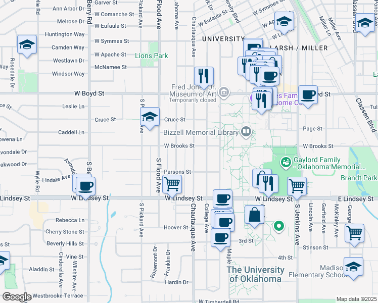 map of restaurants, bars, coffee shops, grocery stores, and more near 800 Chautauqua Avenue in Norman