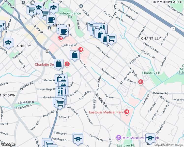 map of restaurants, bars, coffee shops, grocery stores, and more near 2211 Vail Avenue in Charlotte