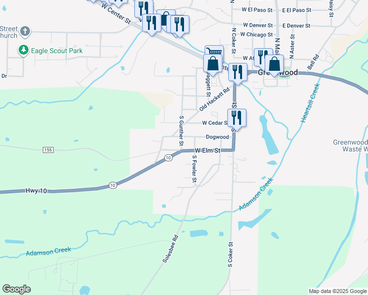 map of restaurants, bars, coffee shops, grocery stores, and more near 416 West Elm Street in Greenwood