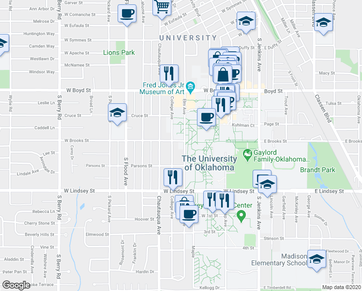 map of restaurants, bars, coffee shops, grocery stores, and more near 700 Elm Avenue in Norman