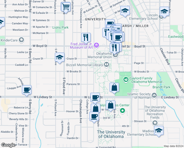 map of restaurants, bars, coffee shops, grocery stores, and more near 700 Elm Avenue in Norman