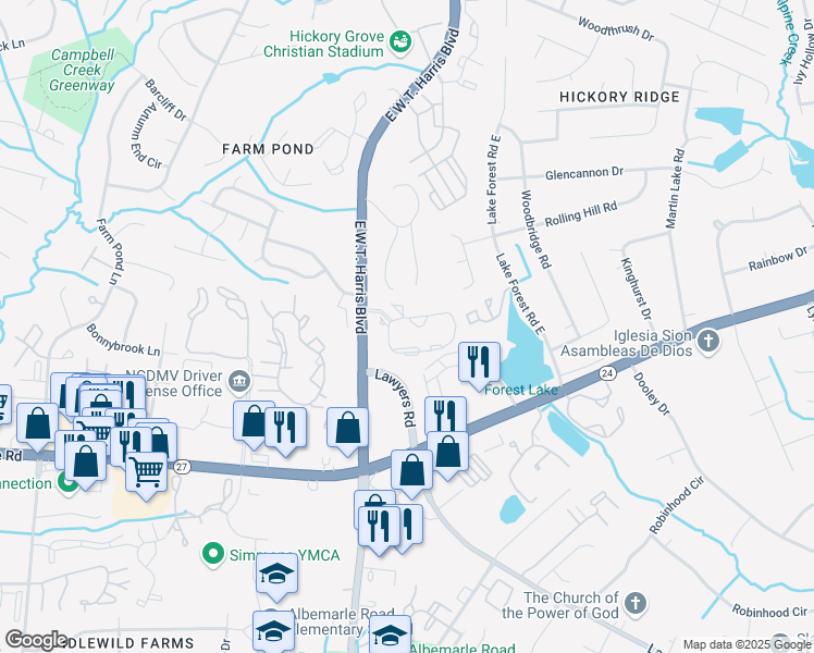 map of restaurants, bars, coffee shops, grocery stores, and more near 8715 Parkland Circle in Charlotte