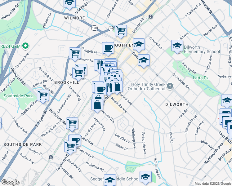 map of restaurants, bars, coffee shops, grocery stores, and more near 2133 Southend Drive in Charlotte