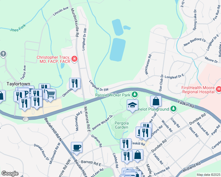 map of restaurants, bars, coffee shops, grocery stores, and more near 278 Longleaf Drive Southwest in Pinehurst