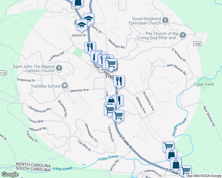 map of restaurants, bars, coffee shops, grocery stores, and more near 53 Lyncourt Drive in Tryon