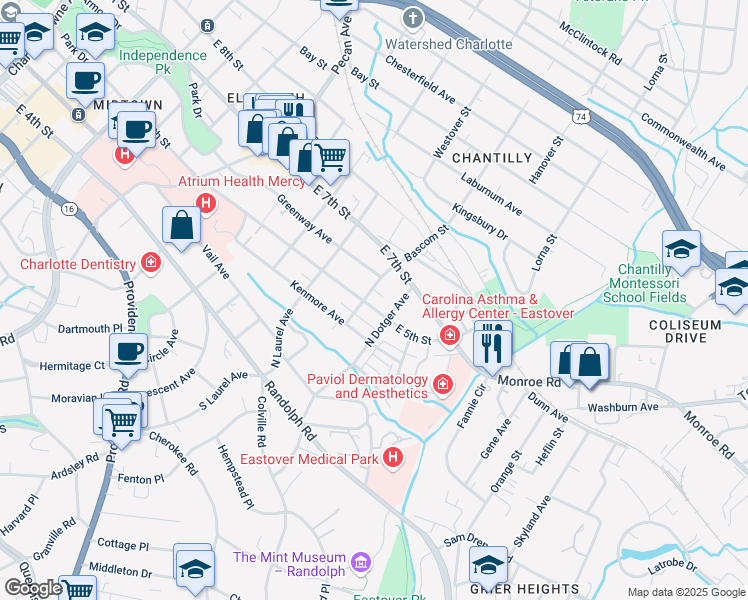 map of restaurants, bars, coffee shops, grocery stores, and more near 2405 East 5th Street in Charlotte