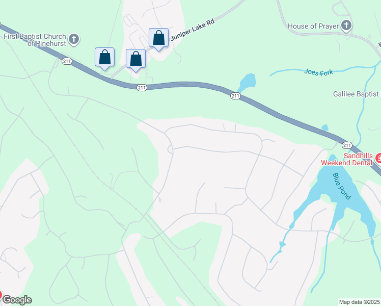 map of restaurants, bars, coffee shops, grocery stores, and more near 45 Whitehaven Drive in Pinehurst