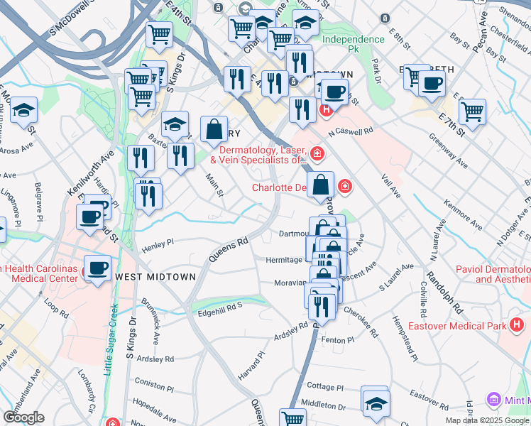 map of restaurants, bars, coffee shops, grocery stores, and more near 527 Queens Road in Charlotte