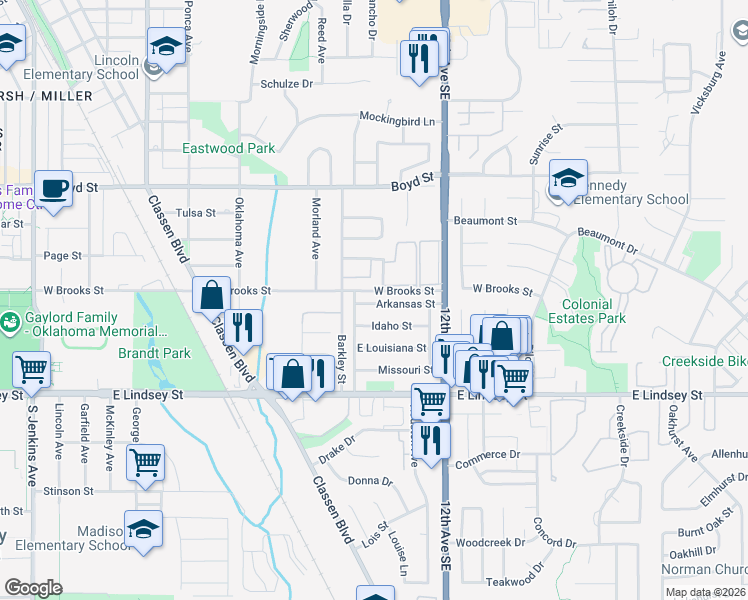 map of restaurants, bars, coffee shops, grocery stores, and more near 1017 Idaho Street in Norman