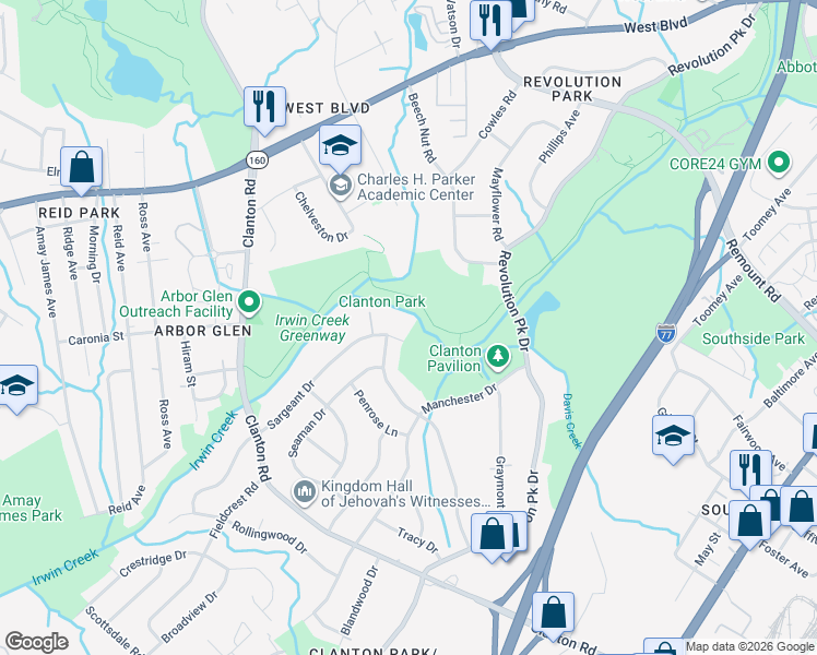 map of restaurants, bars, coffee shops, grocery stores, and more near 3001 Barfield Drive in Charlotte