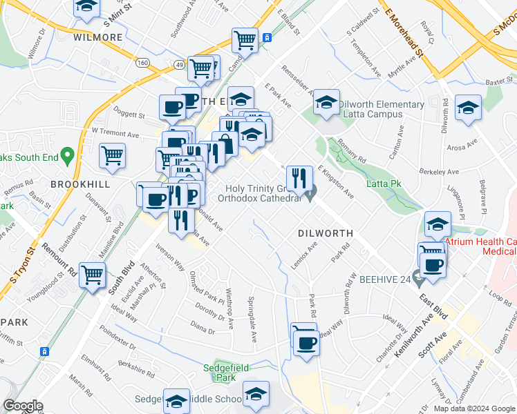 map of restaurants, bars, coffee shops, grocery stores, and more near 516 East Tremont Avenue in Charlotte