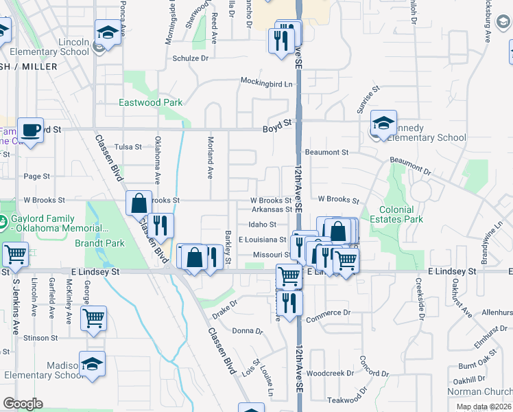 map of restaurants, bars, coffee shops, grocery stores, and more near 1017 Idaho Street in Norman