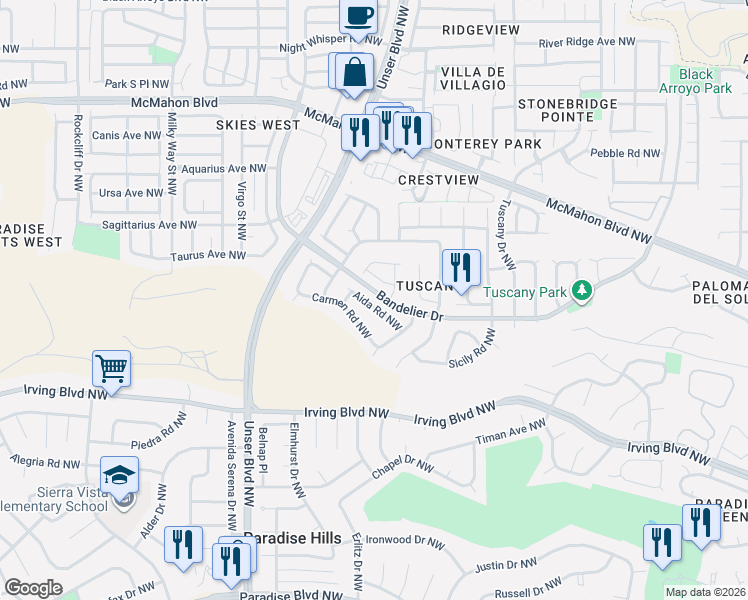 map of restaurants, bars, coffee shops, grocery stores, and more near 5716 Aida Road Northwest in Albuquerque