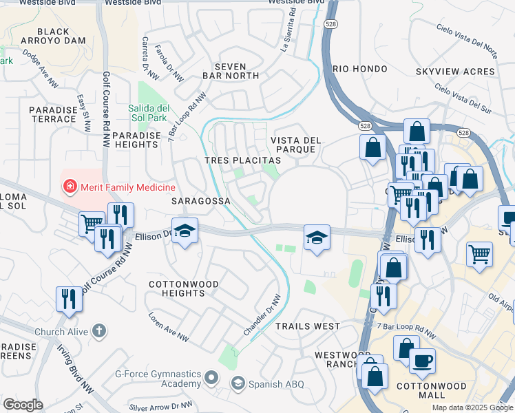 map of restaurants, bars, coffee shops, grocery stores, and more near 10520 Blanco Drive Northwest in Albuquerque