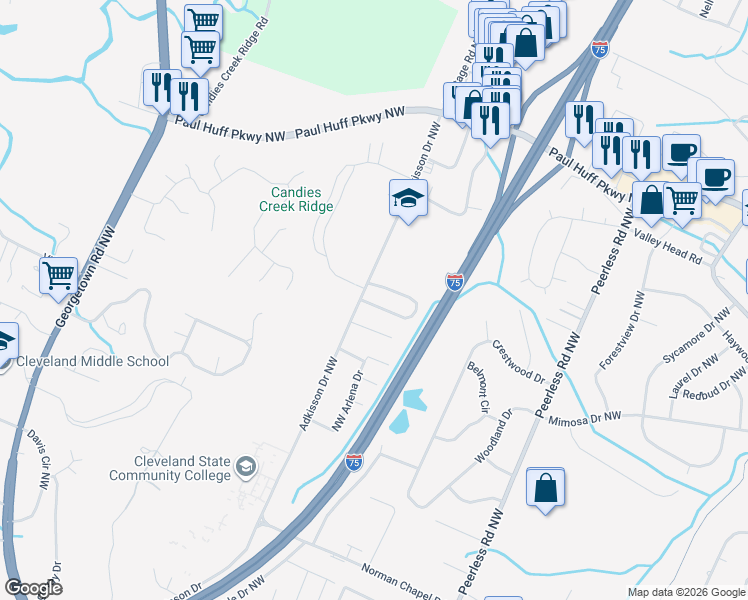 map of restaurants, bars, coffee shops, grocery stores, and more near 1380 Village Oaks Circle Northwest in Cleveland