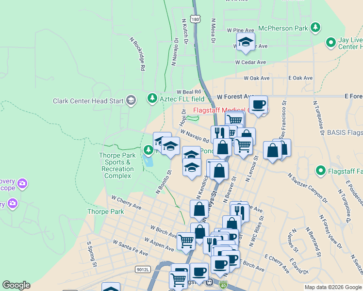 map of restaurants, bars, coffee shops, grocery stores, and more near 850 N Bonito St in Flagstaff