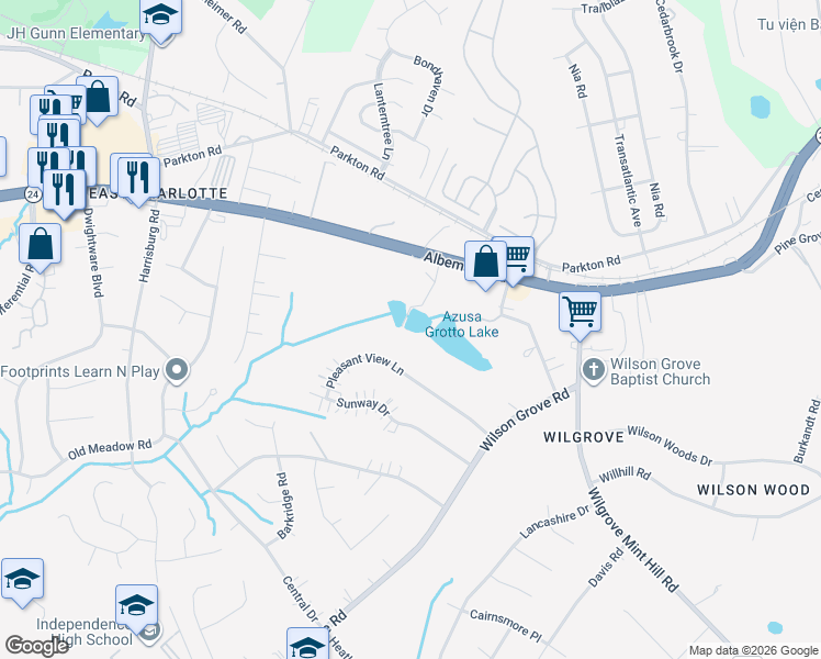 map of restaurants, bars, coffee shops, grocery stores, and more near 9701 Pleasant View Lane in Mint Hill