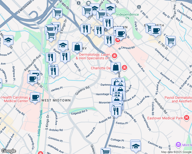 map of restaurants, bars, coffee shops, grocery stores, and more near in Charlotte
