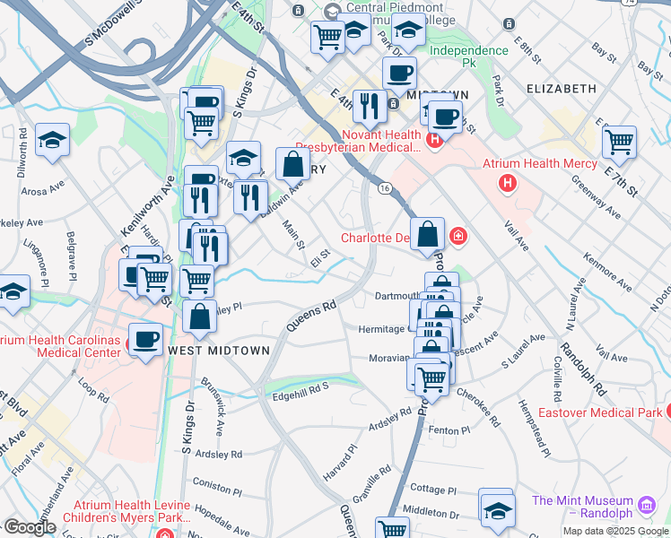 map of restaurants, bars, coffee shops, grocery stores, and more near 620 Queens Road in Charlotte