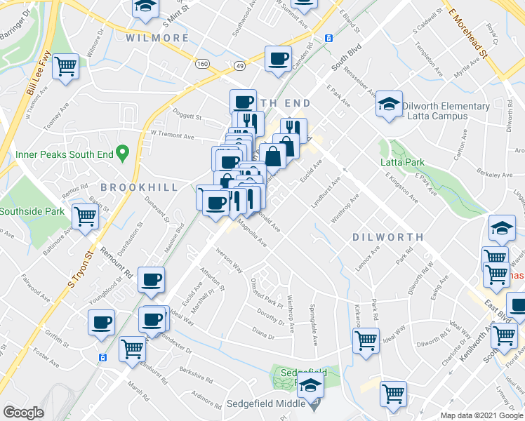 map of restaurants, bars, coffee shops, grocery stores, and more near in Charlotte