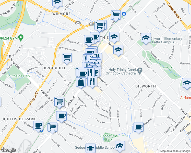 map of restaurants, bars, coffee shops, grocery stores, and more near 214 Magnolia Avenue in Charlotte