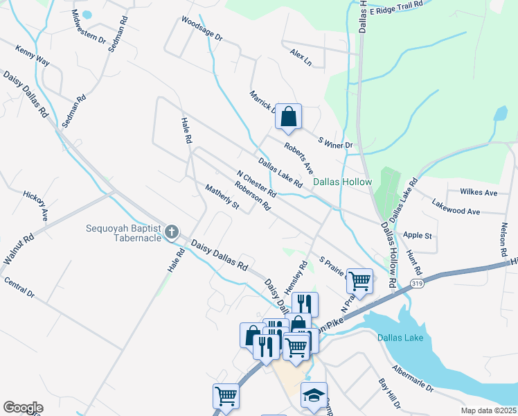 map of restaurants, bars, coffee shops, grocery stores, and more near 1616 Roberson Road in Hamilton