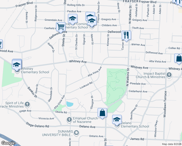 map of restaurants, bars, coffee shops, grocery stores, and more near 1589 Alta Vista Avenue in Memphis