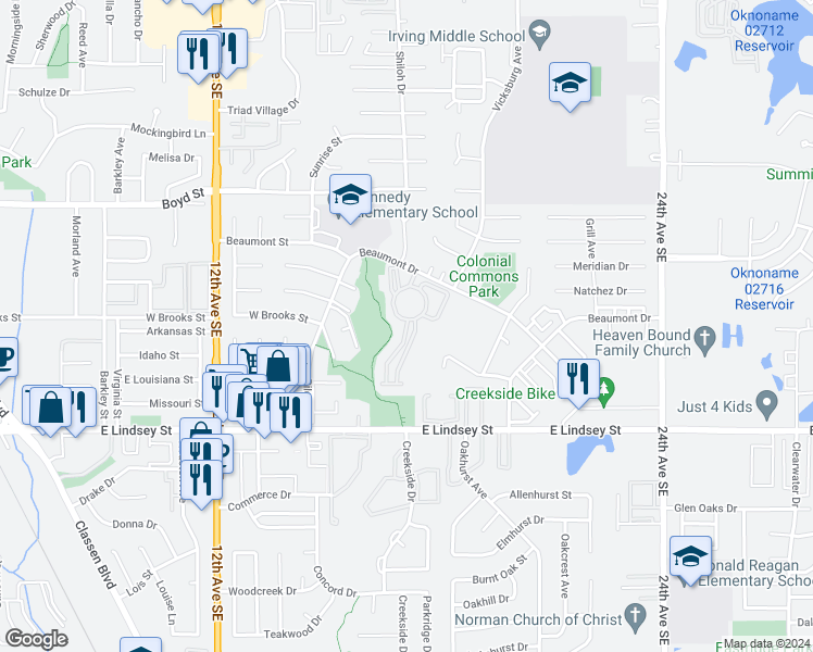 map of restaurants, bars, coffee shops, grocery stores, and more near 1800 Beaumont Drive in Norman