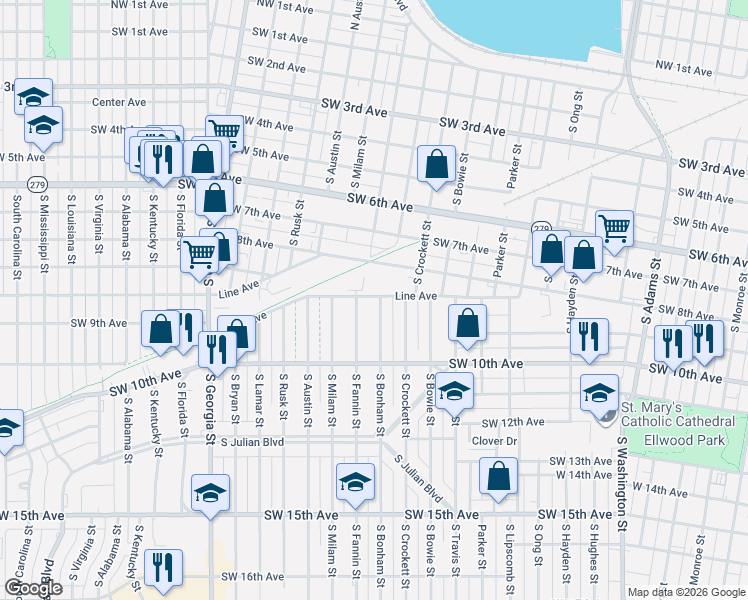 map of restaurants, bars, coffee shops, grocery stores, and more near 910 South Bonham Street in Amarillo