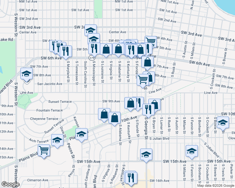 map of restaurants, bars, coffee shops, grocery stores, and more near 835 South Alabama Street in Amarillo