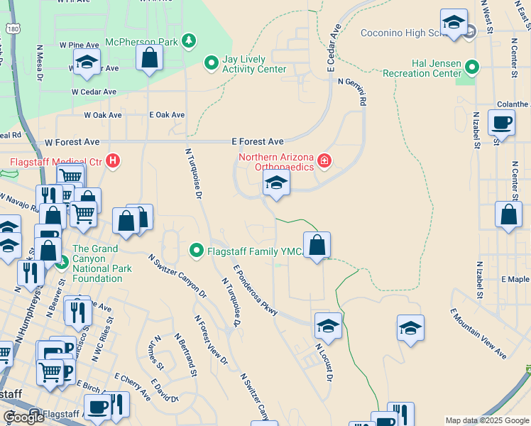 map of restaurants, bars, coffee shops, grocery stores, and more near 1521 North Pine Cliff Drive in Flagstaff