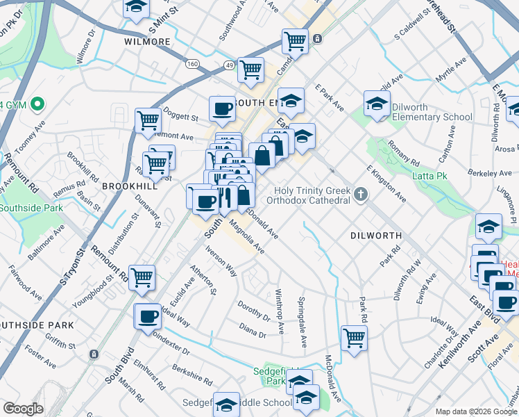 map of restaurants, bars, coffee shops, grocery stores, and more near in Charlotte