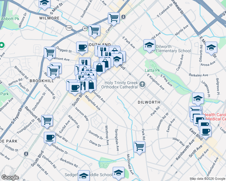 map of restaurants, bars, coffee shops, grocery stores, and more near 428 East Tremont Avenue in Charlotte