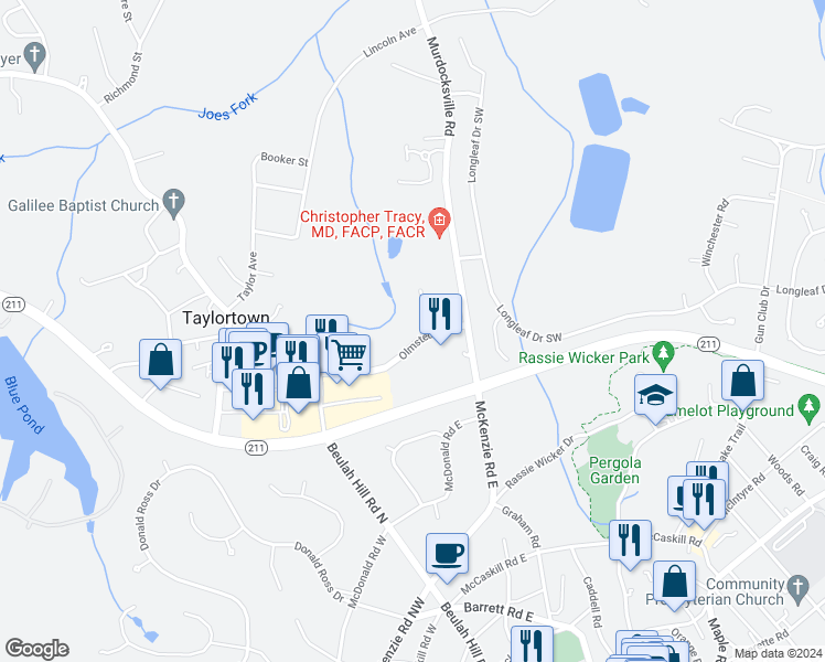 map of restaurants, bars, coffee shops, grocery stores, and more near 121 Emerald Necklace Lane in Pinehurst