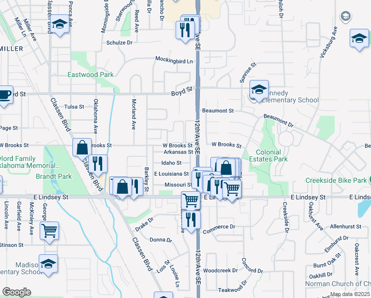 map of restaurants, bars, coffee shops, grocery stores, and more near 1113 Idaho Street in Norman