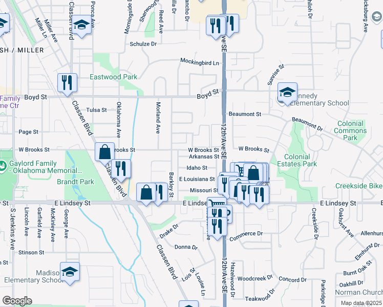 map of restaurants, bars, coffee shops, grocery stores, and more near 1019 Arkansas Street in Norman