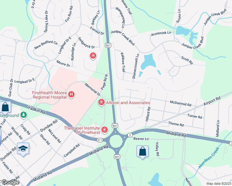 map of restaurants, bars, coffee shops, grocery stores, and more near 660 Pinehurst Trace Drive in Pinehurst