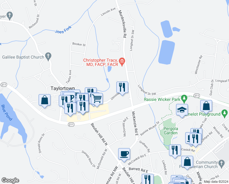 map of restaurants, bars, coffee shops, grocery stores, and more near 121 Emerald Necklace Lane in Pinehurst