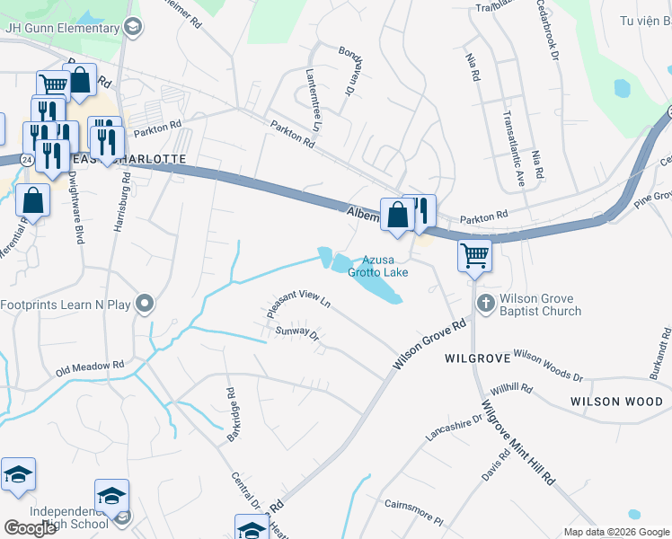 map of restaurants, bars, coffee shops, grocery stores, and more near 9701 Pleasant View Lane in Mint Hill
