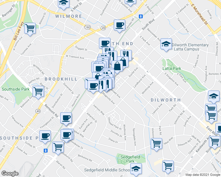map of restaurants, bars, coffee shops, grocery stores, and more near McDonald Ave & Southend Dr in Charlotte