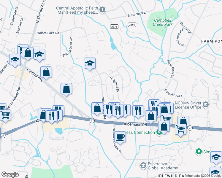 map of restaurants, bars, coffee shops, grocery stores, and more near 6000 Regal Estate Lane in Charlotte