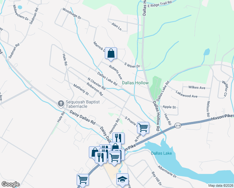 map of restaurants, bars, coffee shops, grocery stores, and more near 1612 Dallas Lake Road in Hamilton County