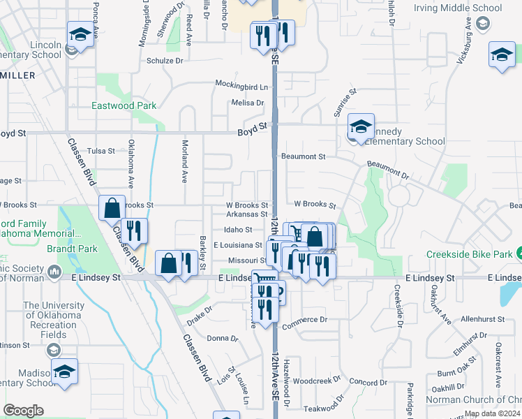 map of restaurants, bars, coffee shops, grocery stores, and more near 1125 Arkansas Street in Norman
