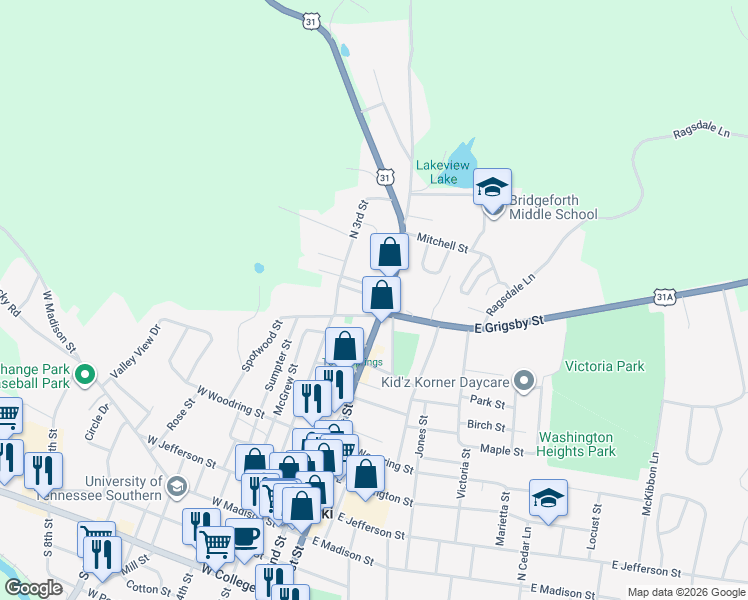map of restaurants, bars, coffee shops, grocery stores, and more near 131 Gordon Street in Pulaski
