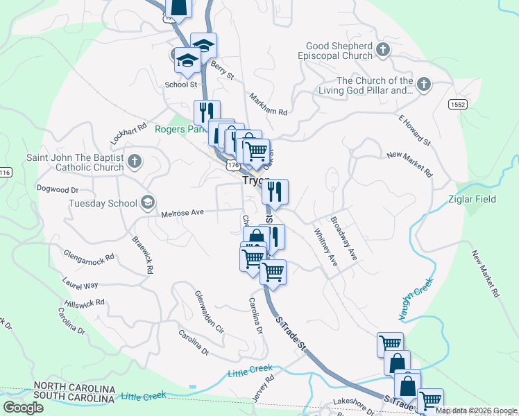 map of restaurants, bars, coffee shops, grocery stores, and more near in Tryon