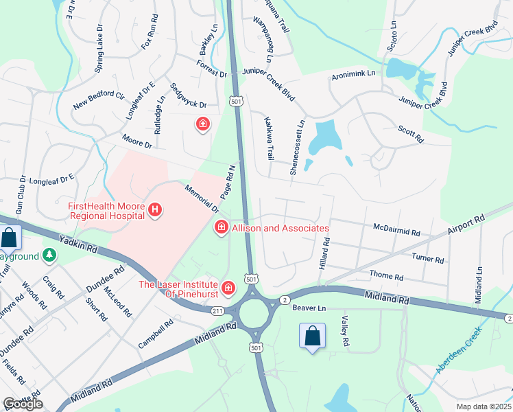 map of restaurants, bars, coffee shops, grocery stores, and more near 660 Pinehurst Trace Drive in Pinehurst