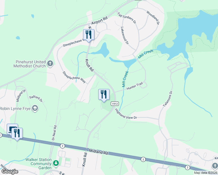 map of restaurants, bars, coffee shops, grocery stores, and more near 18 Knoll Road in Southern Pines