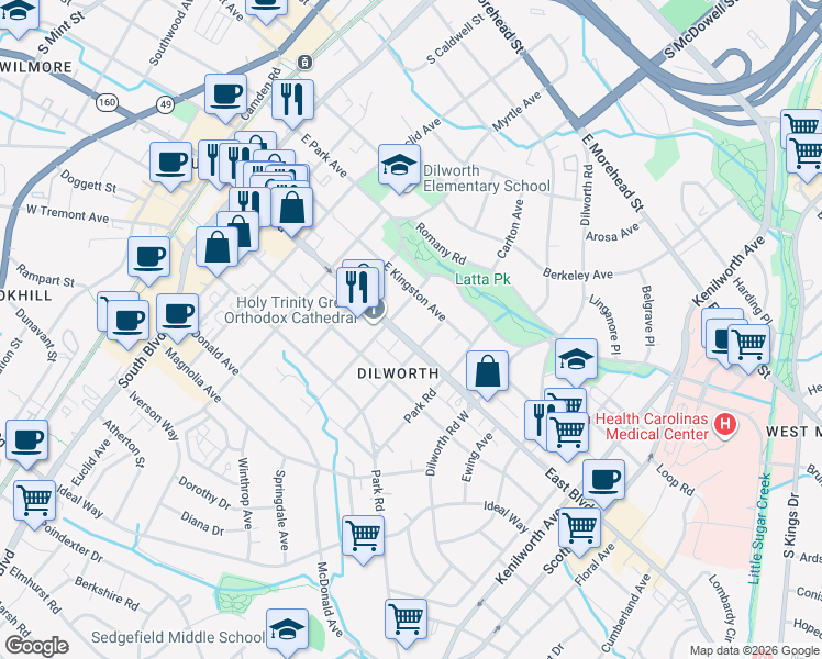 map of restaurants, bars, coffee shops, grocery stores, and more near 2 Springdale Avenue in Charlotte
