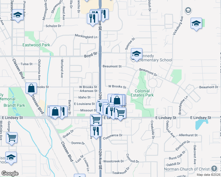 map of restaurants, bars, coffee shops, grocery stores, and more near 1218 Charleston Court in Norman